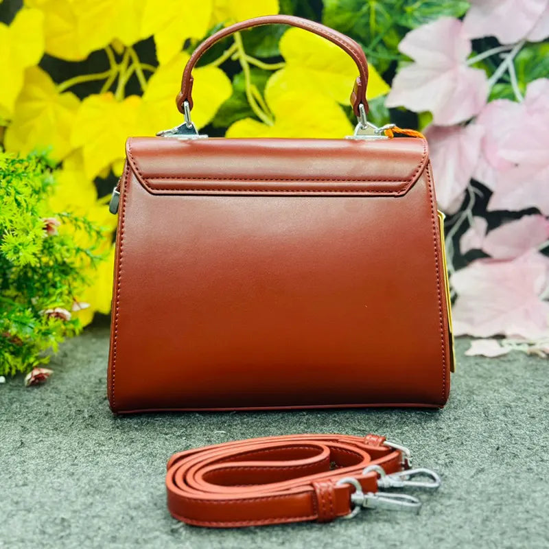 Elegant Floral Embroidered Leather Handbag – Rust Brown