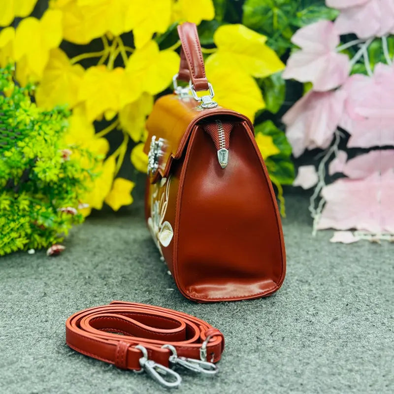 Elegant Floral Embroidered Leather Handbag – Rust Brown