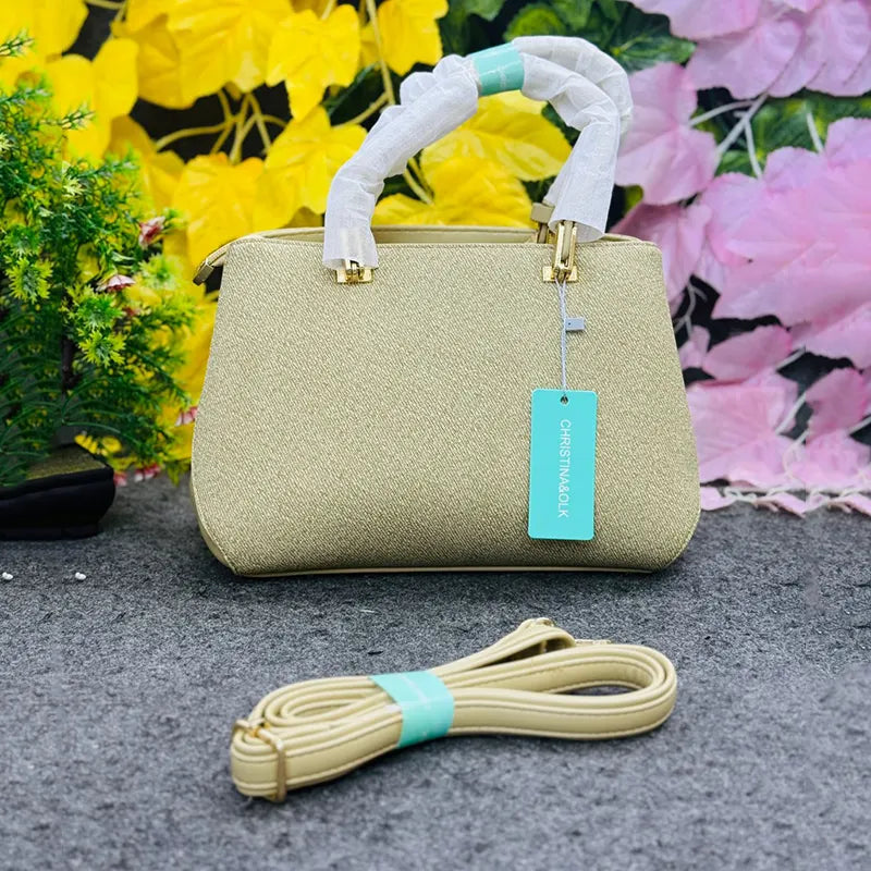 Chic Beige Textured Handbag with Gold Detailing & Shoulder Strap
