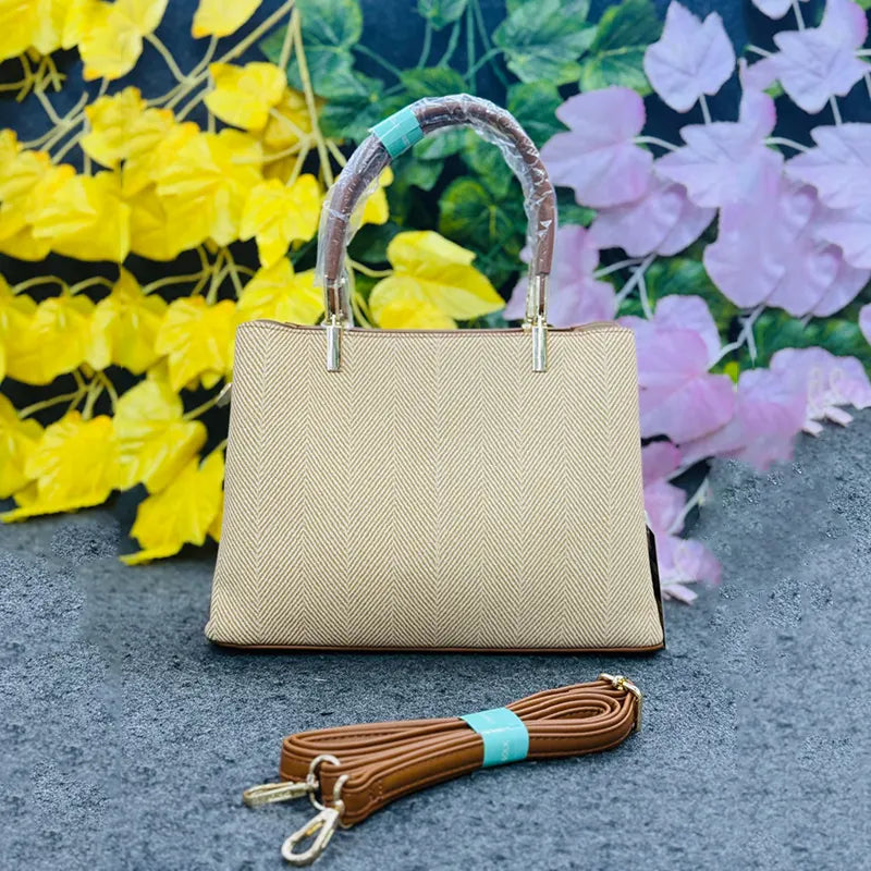 Stylish Beige & Tan Handbag by CHRISTINA QUILK – Elegant Herringbone Design