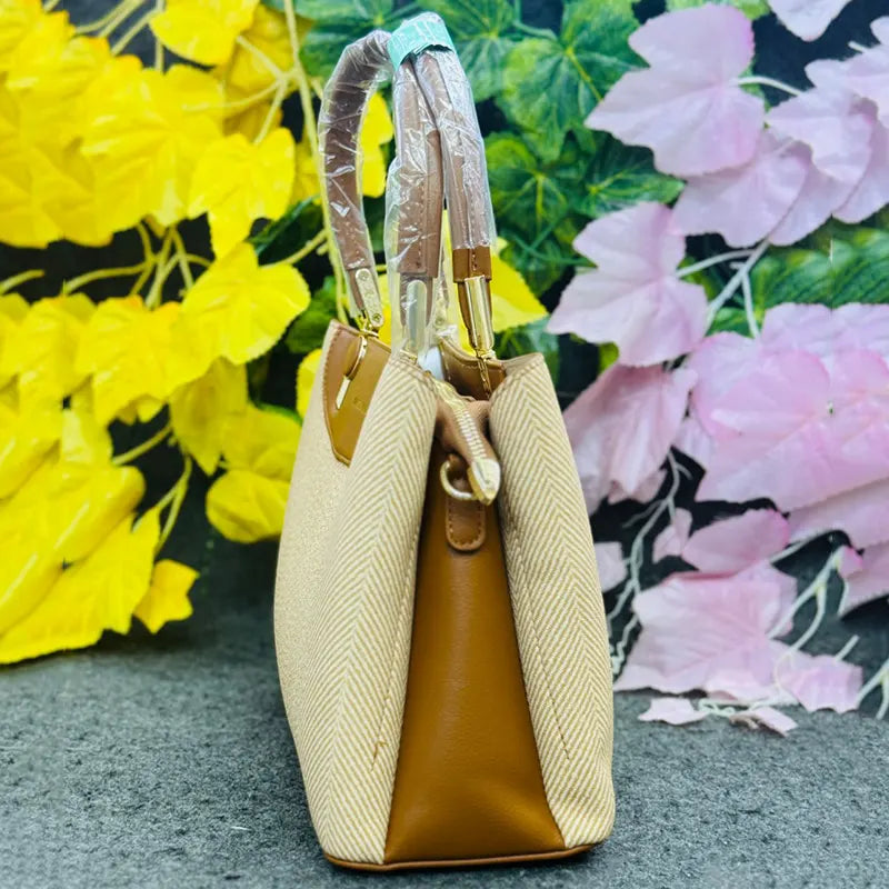 Stylish Beige & Tan Handbag by CHRISTINA QUILK – Elegant Herringbone Design