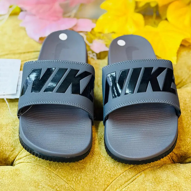 Nike Grey Slide Sandals with Gloss Black Logo – Men's Comfort Slides