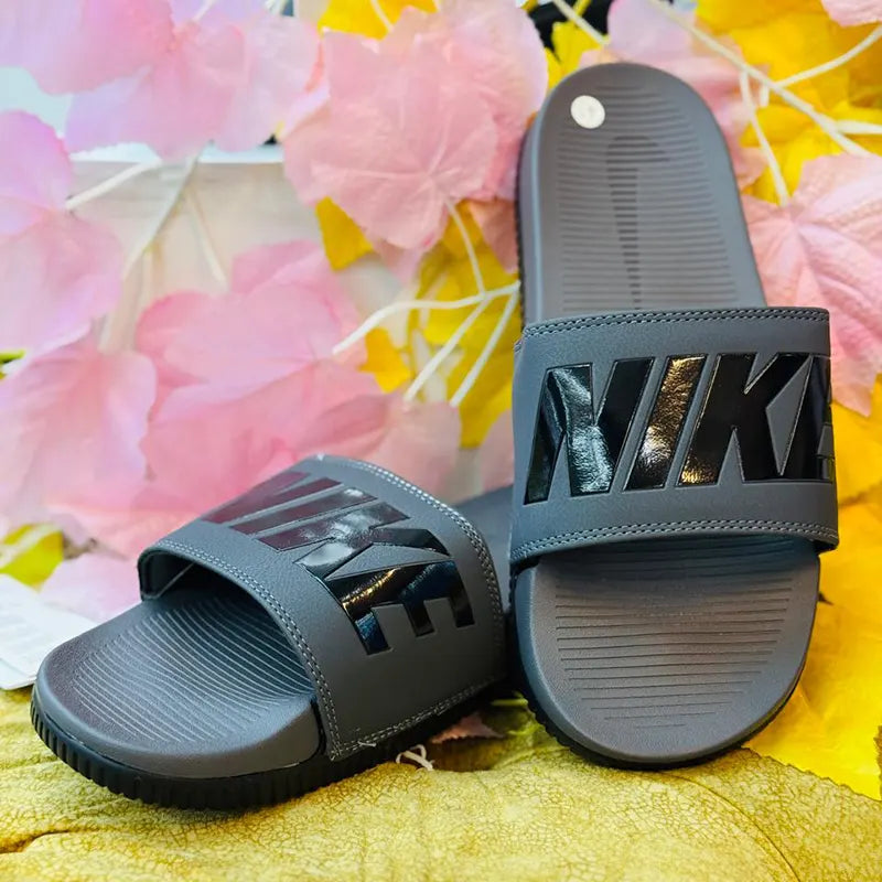 Nike Grey Slide Sandals with Gloss Black Logo – Men's Comfort Slides