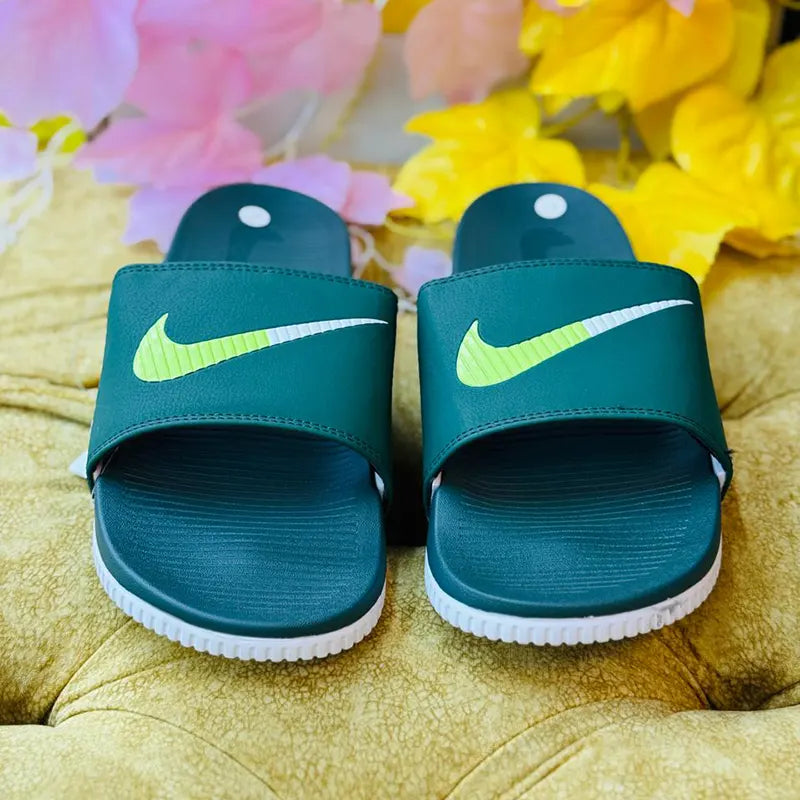 Nike Men’s Comfort Slide Sandals – Dark Green with Neon Swoosh