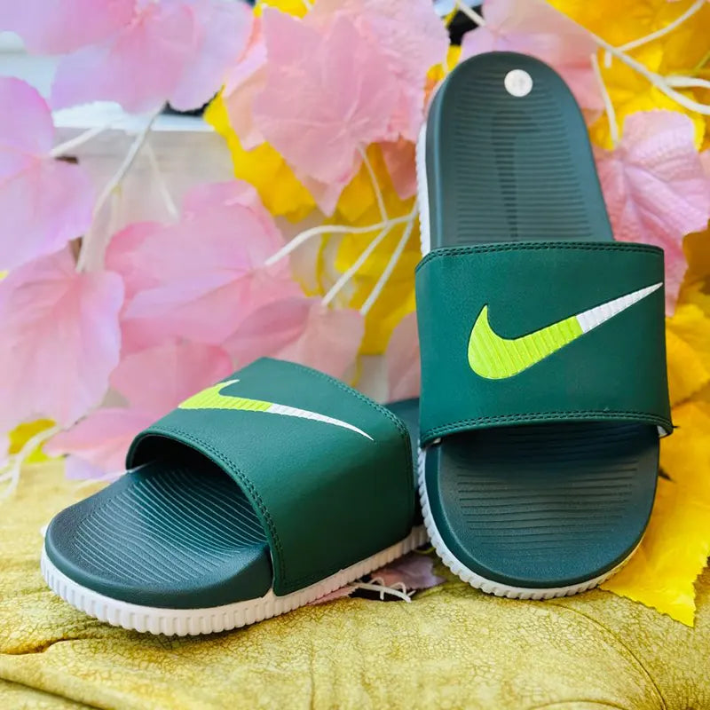 Nike Men’s Comfort Slide Sandals – Dark Green with Neon Swoosh