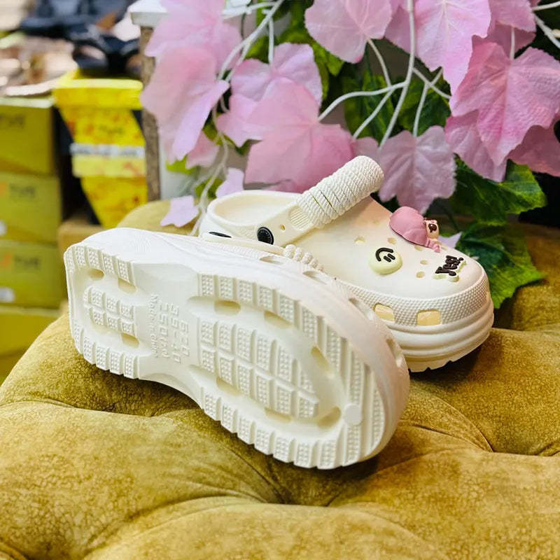 White Cartoon Charm Ladies Clogs– Lightweight Casual Slip-On Sandals