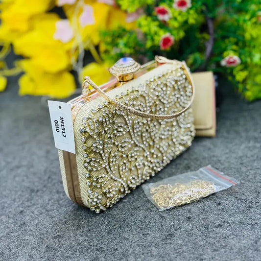Luxury Gold Embellished Evening Clutch Party Bag with Crystal Detailing