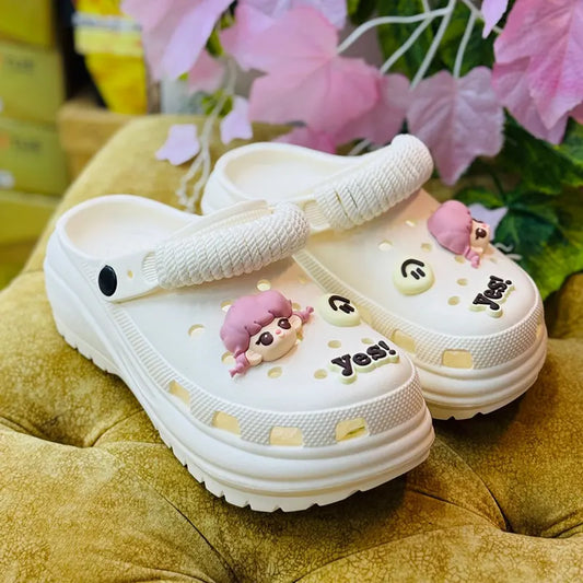 White Cartoon Charm Ladies Clogs– Lightweight Casual Slip-On Sandals