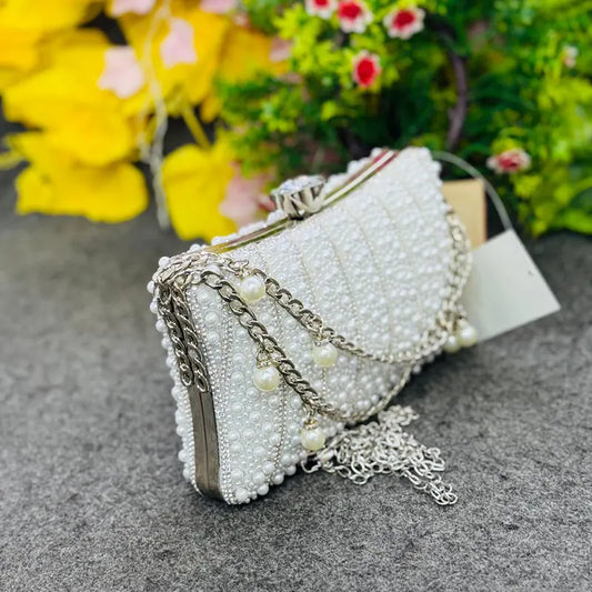 New Elegant White Pearl Beaded Evening Clutch Party Bag with Chain Strap
