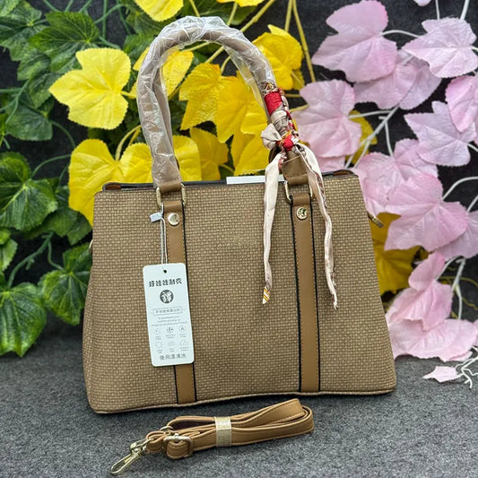 Elegant Textured Handbag with Detachable Strap – Khaki Brown