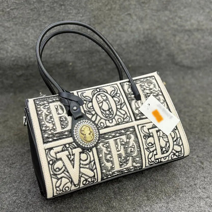 Imported New Elegant Monogram Embroidered Tote Bag with Leather Accents