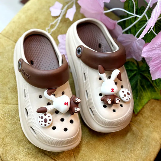 Brown Bunny Platform Clogs – Cozy Slip-On with 3D Charms