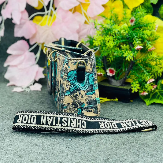 New Christian Dior-Inspired Book Tote Handbag – Teal Jungle Embroidery with Gold Hardware