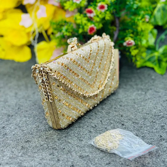 New Imported Glamorous Gold Crystal Evening Clutch Party Bag with Chain Strap