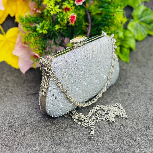 New Imported Elegant Silver Glitter Clutch Party Bag with Chain Strap