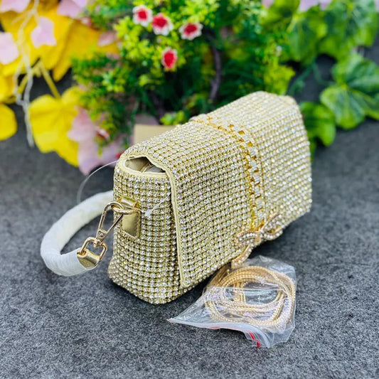 New Luxury Gold Rhinestone Evening Clutch Party Bag with Chain Strap