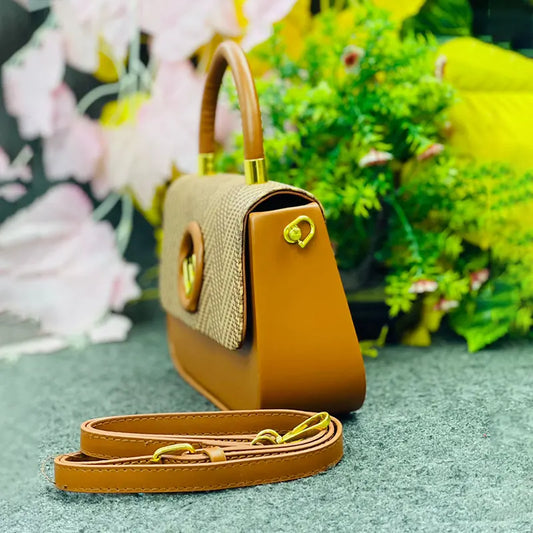 Elegant Two-Tone Textured Handbag with Detachable Strap – Camel & Beige
