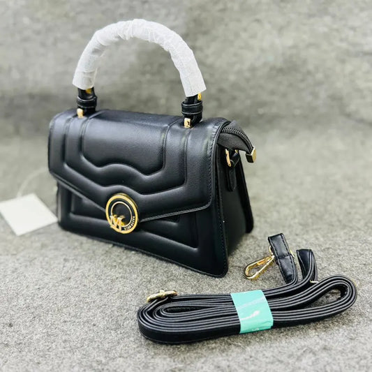 Quilted Black Leather Handbag with Gold-tone M Logo and Detachable Strap