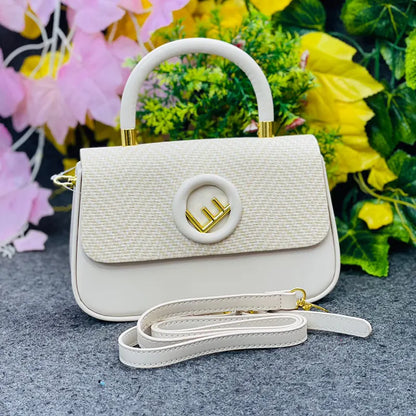 New Elegant White Textured Handbag with Gold Accents & Detachable Strap