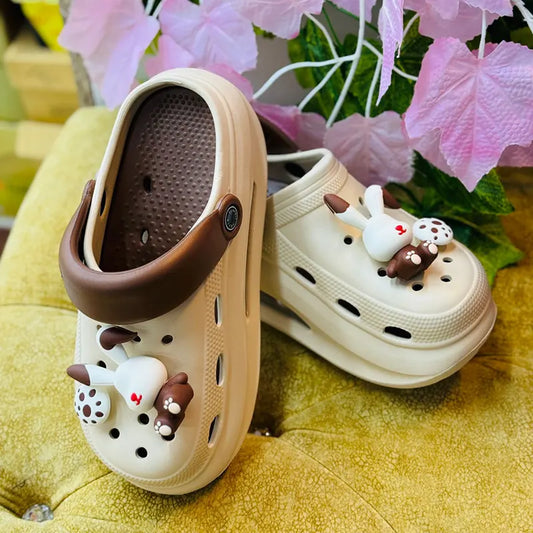 Brown Bunny Platform Clogs – Cozy Slip-On with 3D Charms