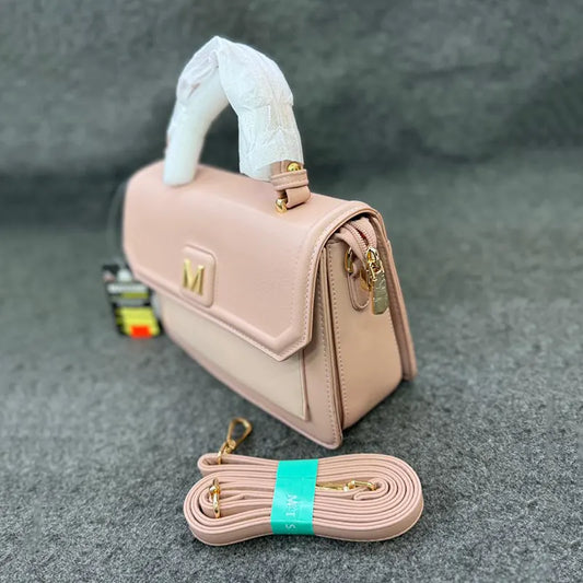 Imported Elegant Pink Leather Handbag with Gold Accents