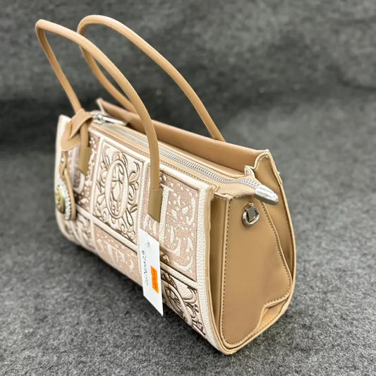 New Elegant Monogram Embroidered Tote Bag with Beige Leather Accents
