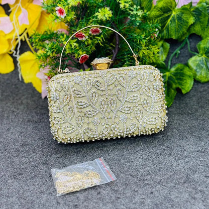 Luxury Gold Embellished Evening Clutch Party Bag with Crystal Detailing