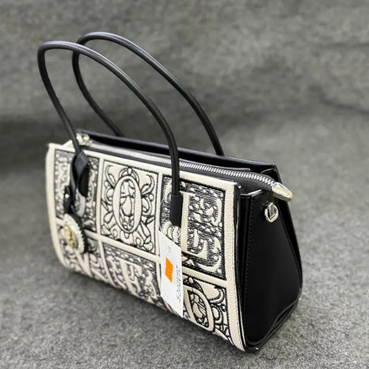 Imported New Elegant Monogram Embroidered Tote Bag with Leather Accents