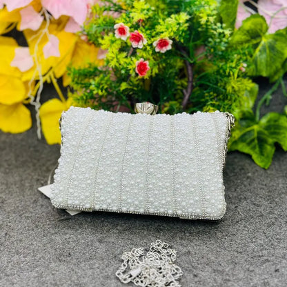 New Elegant White Pearl Beaded Evening Clutch Party Bag with Chain Strap