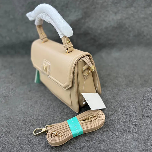 Imported Classic Beige Leather Handbag with Detachable Strap