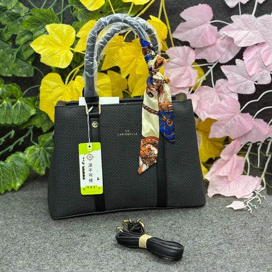 Premium Black Textured Handbag with Decorative Scarf – CHRISBELLA