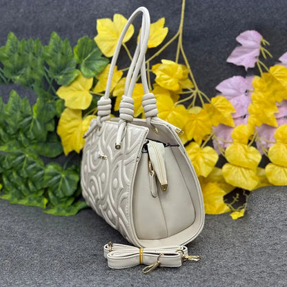 Elegant Textured Cream White Handbag with Knot Handles