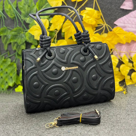 Elegant Embossed Classic Black Handbag with Knotted Handles