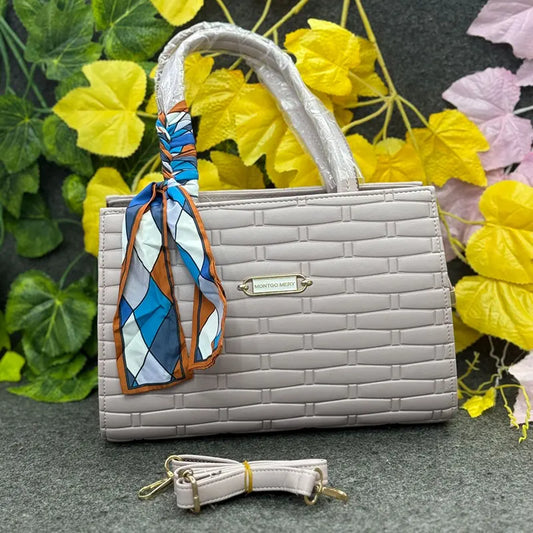 New Imported Textured Soft Beige Handbag with Scarf Detail