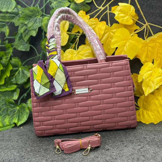 Imported Textured Woven-Design Rose Pink Handbag For Women