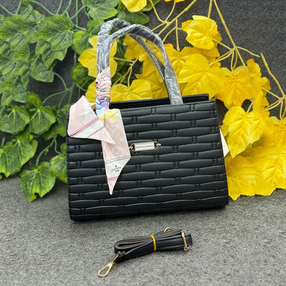 Elegant Black Textured Handbag with Detachable Strap