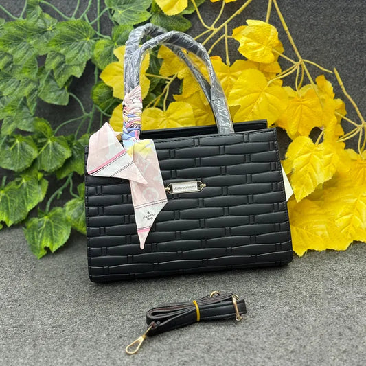 Elegant Black Textured Handbag with Detachable Strap