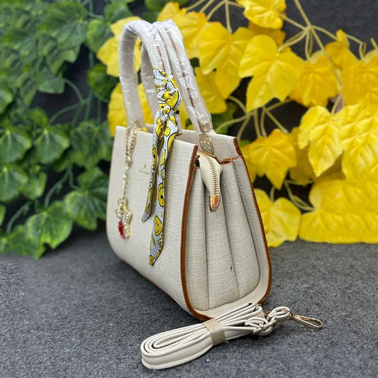 Chic Beige Textured Handbag with Smiley Scarf & Star Charm
