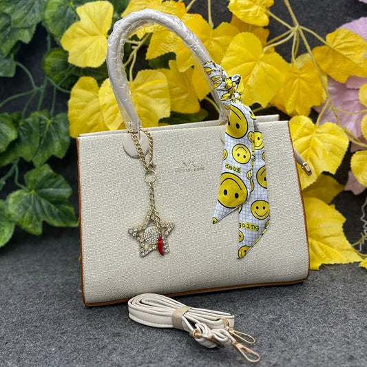 Chic Beige Textured Handbag with Smiley Scarf & Star Charm