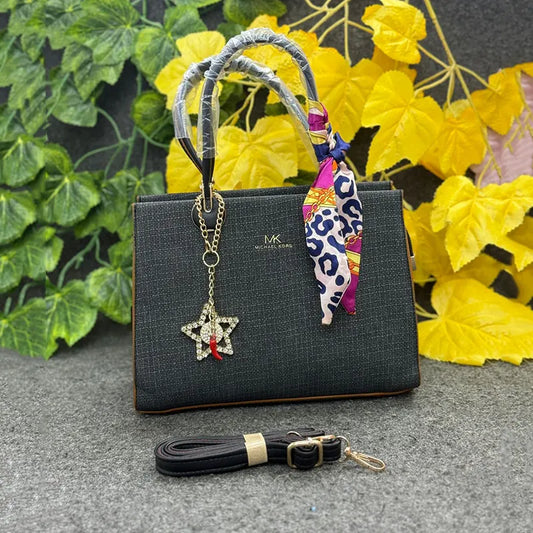 Classy Black Textured Handbag with Printed Scarf & Star Charm