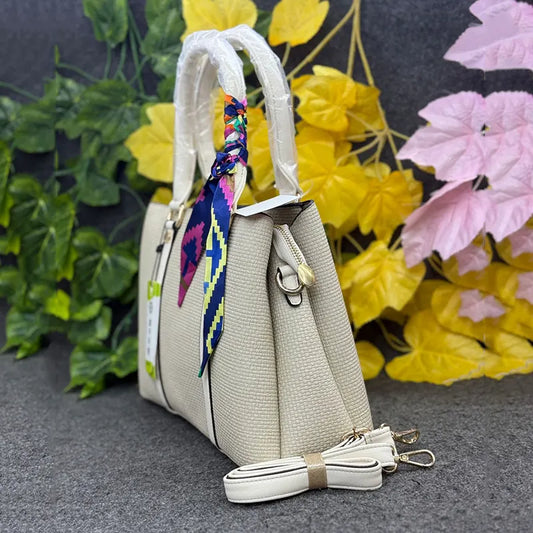 Cream Structured Ladies Handbag with Colorful Scarf Accent – Elegant & Versatile