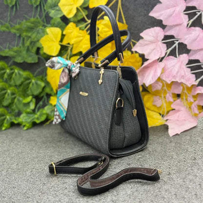 Chic Black Textured Ladies Handbag with Decorative Scarf – Elegant Everyday Carry