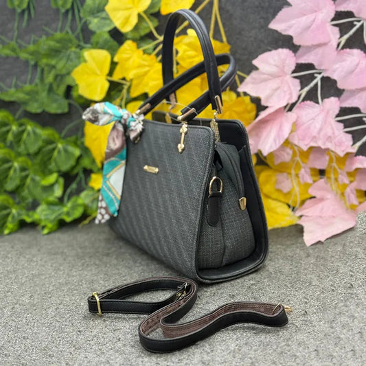 Chic Black Textured Ladies Handbag with Decorative Scarf – Elegant Everyday Carry