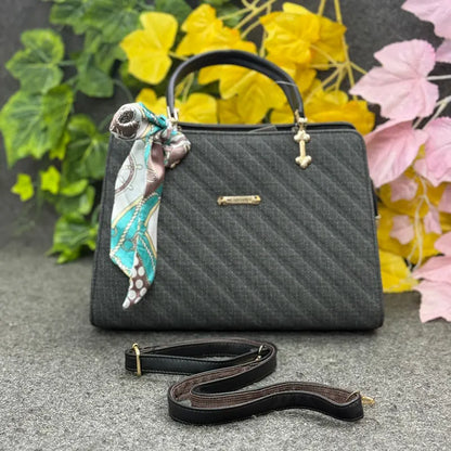 Chic Black Textured Ladies Handbag with Decorative Scarf – Elegant Everyday Carry