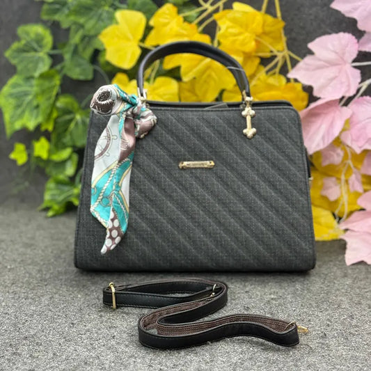 Chic Black Textured Ladies Handbag with Decorative Scarf – Elegant Everyday Carry