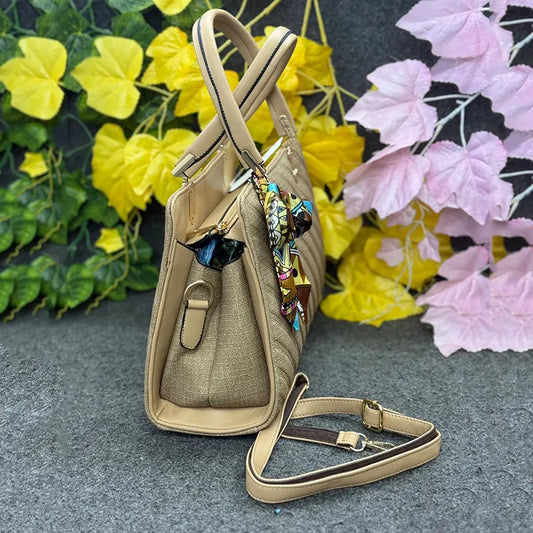 Elegant Beige Textured Handbag with Printed Scarf & Gold Detailing – Versatile & Stylish