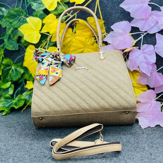 Elegant Beige Textured Handbag with Printed Scarf & Gold Detailing – Versatile & Stylish