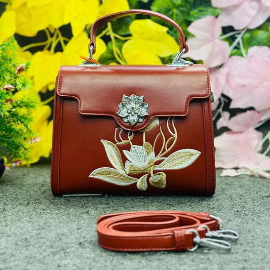Elegant Floral Embroidered Leather Handbag – Rust Brown