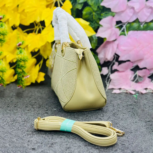 Chic Beige Textured Handbag with Gold Detailing & Shoulder Strap