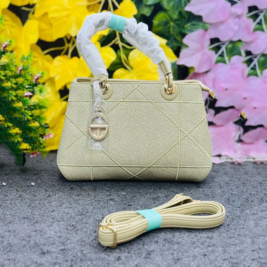 Chic Beige Textured Handbag with Gold Detailing & Shoulder Strap
